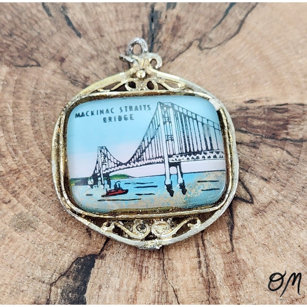 Vintage JULA Mackinac Straits Bridge Enamel Gold Tone Keychain Pendant